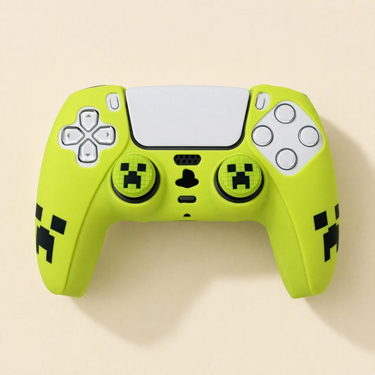 Spookshield – Neon green PS5 controller cover with black blocky creeper face patterns and matching thumbstick caps