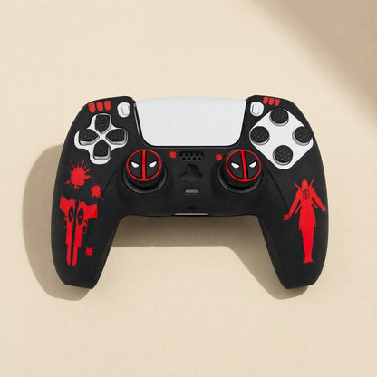 Spookshield – Black PS5 controller cover with red splatter, gun and figure artwork and red-white round thumbstick caps