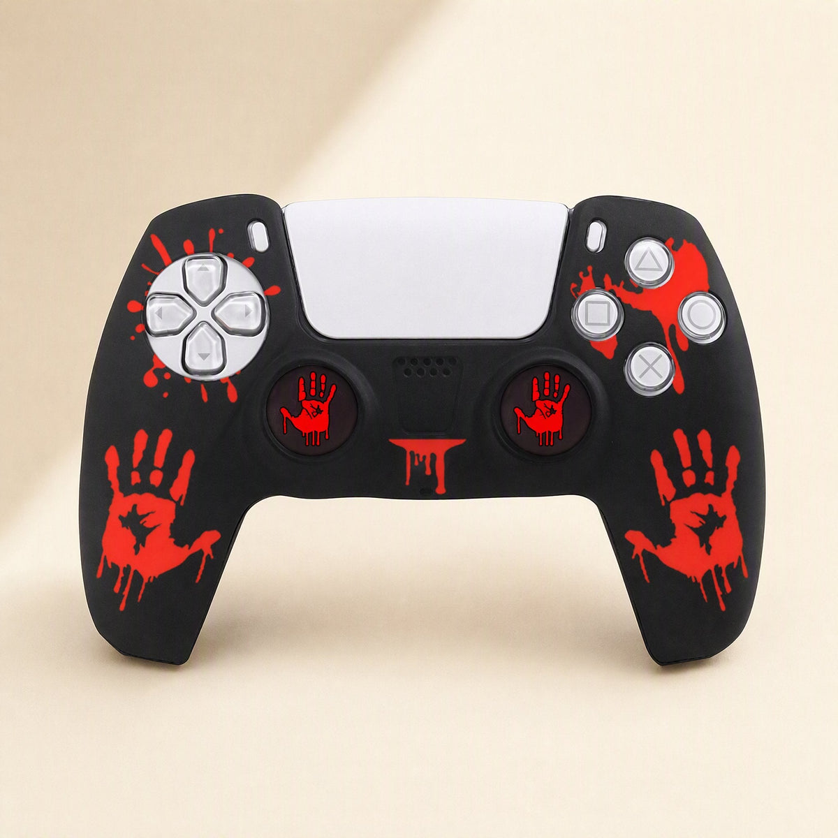 Spookshield – Black PS5 controller cover with red bloody handprints, drip mark and handprint thumbstick caps, front view