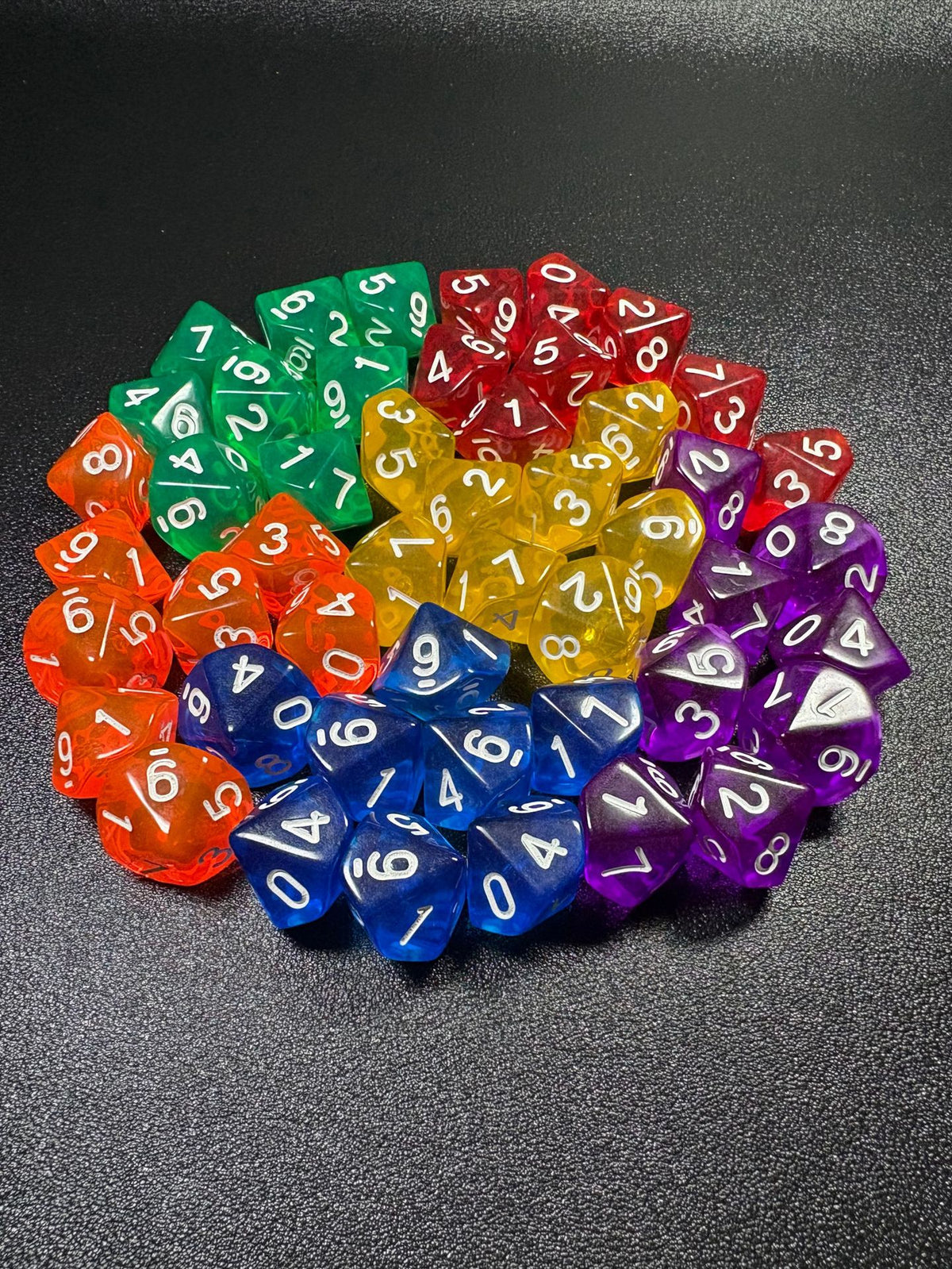 Prismdot – Translucent ten-sided dice arranged in a rainbow circle of orange, green, red, yellow, purple and blue