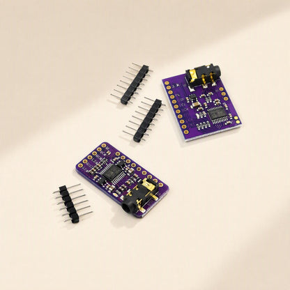 Sounddecode – Two purple DAC boards, one wide and one narrow, with pin header strips on a soft beige background