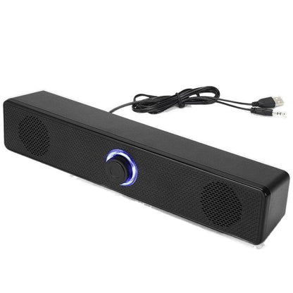 Duetrix Dual Speaker Desktop Subwoofer, black soundbar with glowing blue volume knob and attached USB cable
