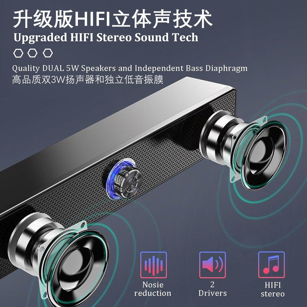 Duetrix – Soundbar angled with two speaker drivers shown in close-up and sound-wave graphics, with three feature icons