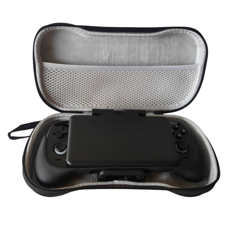 Pockette Retroid Pocket 5 EVA Protective Case open with a black handheld console inside and a mesh lid pocket