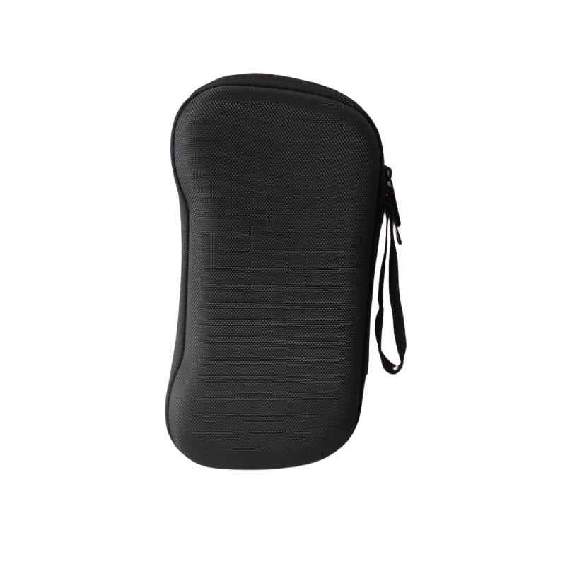 Pockette – Black textured EVA case closed, seen from the side with a wrist strap at the zipper