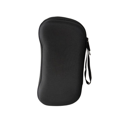Pockette – Black textured EVA case closed, seen from the side with a wrist strap at the zipper