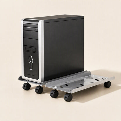 Rollcradle Stainless Steel Computer Host Bracket With Wheels beside a black tower PC on a beige background