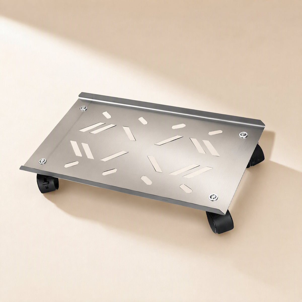 Rollcradle – Stainless steel computer host bracket with slotted top plate and black casters, angled front view