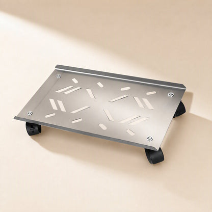 Rollcradle – Stainless steel computer host bracket with slotted top plate and black casters, angled front view