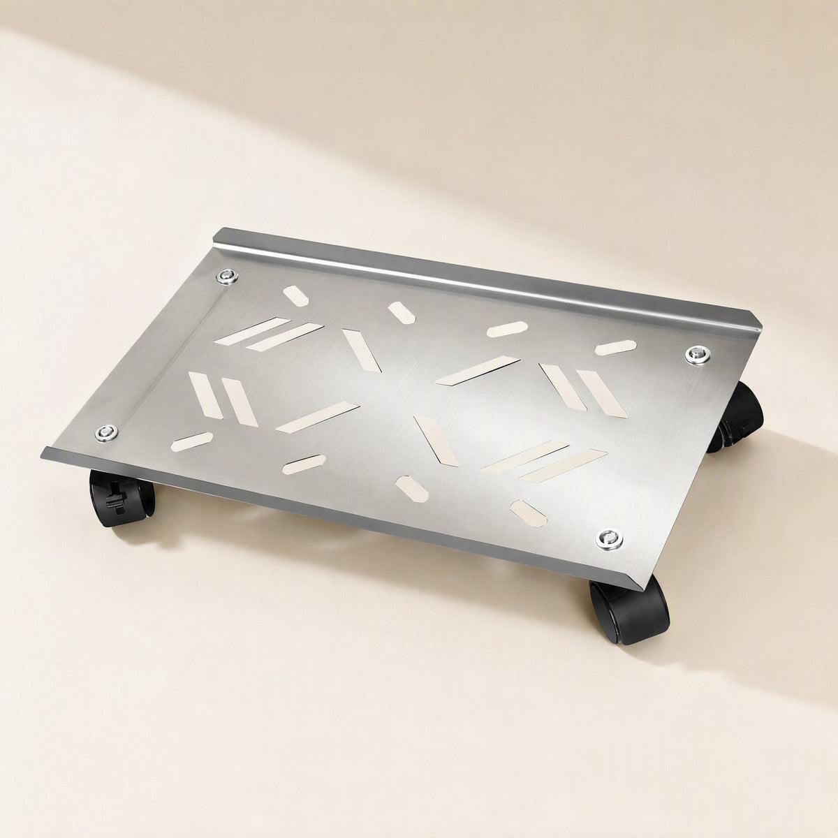 Rollcradle – Same slotted steel bracket from a slightly different angle, showing screws and four black wheels