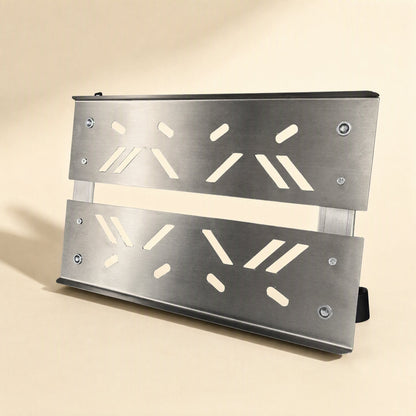 Rollcradle – Adjustable bracket extended to show two steel plates joined by side rails, with slotted pattern