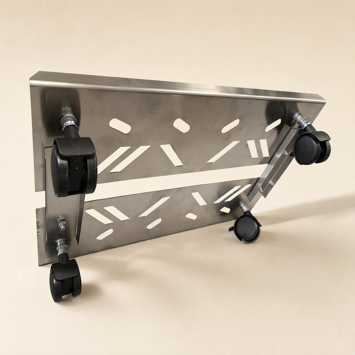 Rollcradle – Underside of the steel bracket showing four black swivel casters and mounting hardware