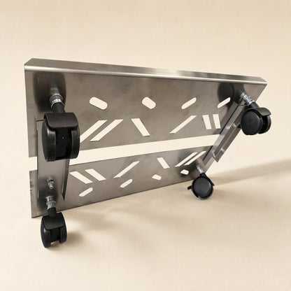 Rollcradle – Underside of the steel bracket showing four black swivel casters and mounting hardware