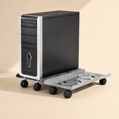Towerhold Stainless Steel Computer Host Bracket on casters beside a black and silver PC tower on a beige background