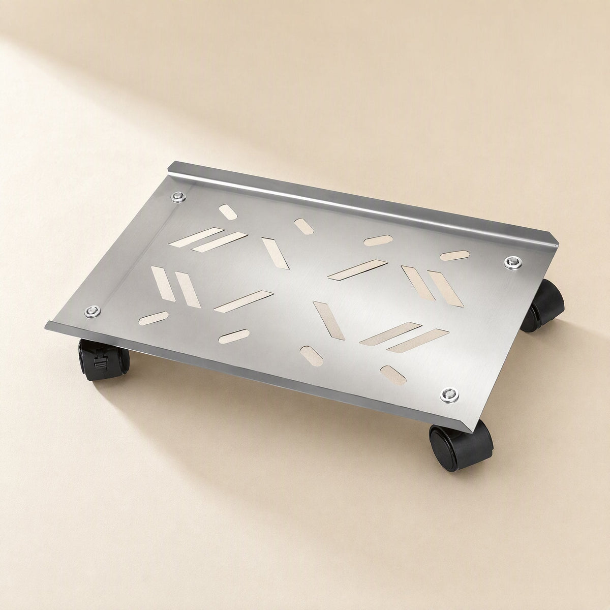 Towerhold – Brushed stainless steel bracket with slotted pattern and four black swivel casters, angled top view