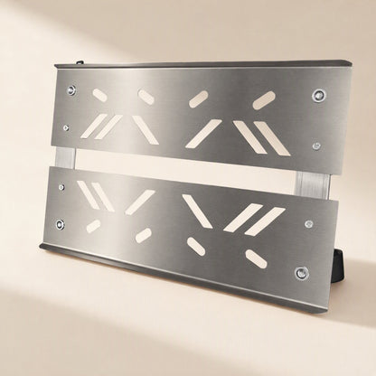 Towerhold – Stainless steel bracket shown standing on its side, slotted panels with two adjustable cross rails visible