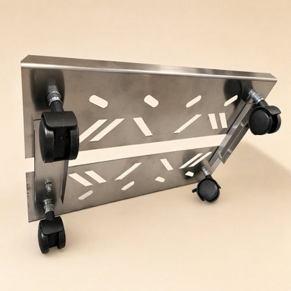 Towerhold – Underside of the bracket showing black swivel casters, mounting bolts and cross rails beneath the slotted plate