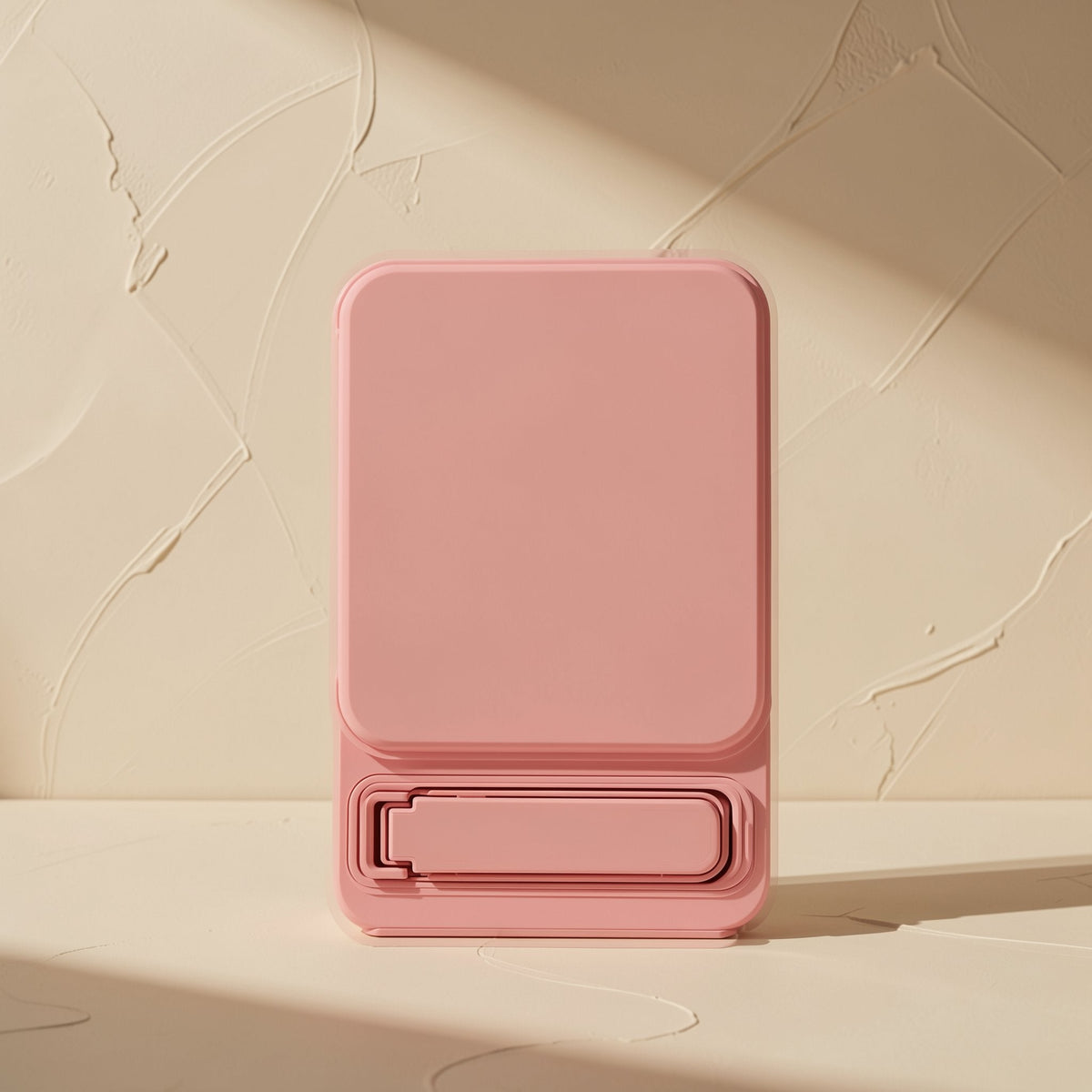 Gripcup – Back of a pink phone stand with its fold-out kickstand tucked into a recess, against a textured cream wall