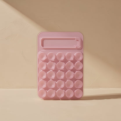 Gripcup – Pink silicone pad showing a grid of 25 suction cups above the folded kickstand slot, on a cream surface
