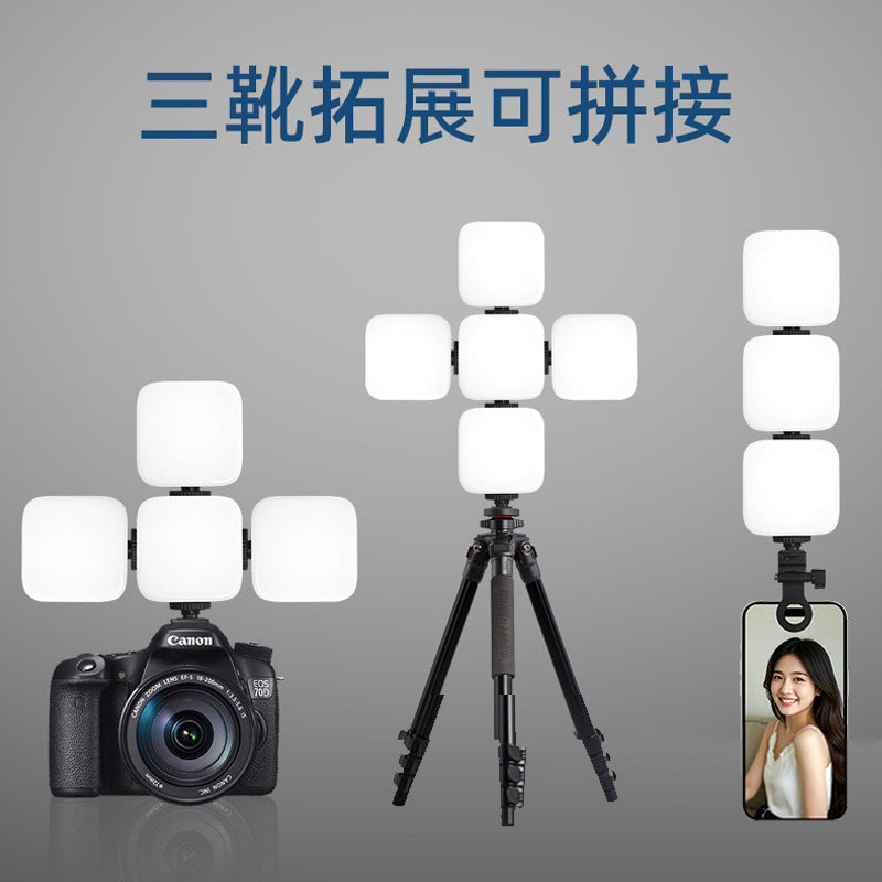 Pocketbeam – Several square LED lights joined side by side on a camera, a tripod and a phone mount via cold shoe stacking