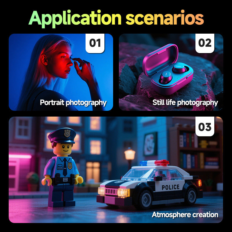Selfbeam – Three sample scenes lit by colored light: a portrait, earbuds on rocks, and a toy police car in a miniature street