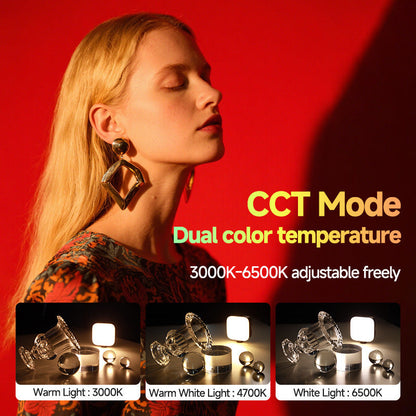 Selfbeam – Woman with closed eyes in red-lit portrait, with warm, neutral and cool white light comparison thumbnails below