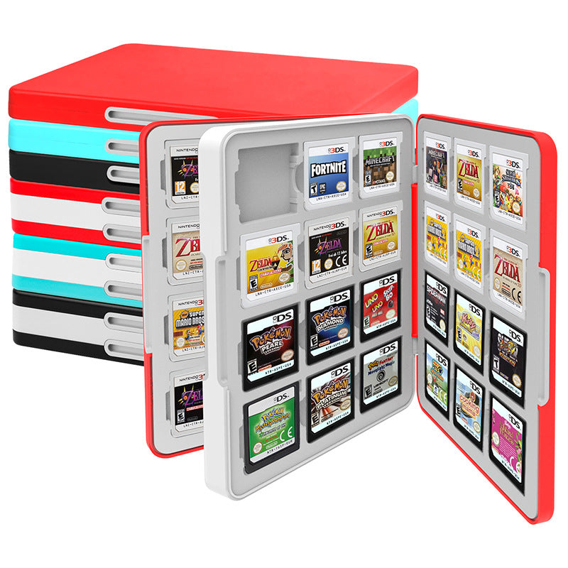 Cardnest 48-in-1 3DS game card storage box open beside stacked red, teal, black and white cases