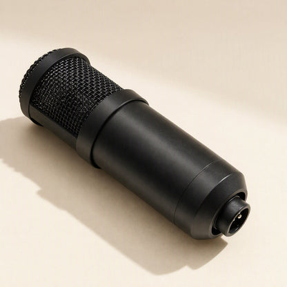Voxblend – Close-up of the black condenser mic body with mesh grille and three-pin XLR connector at the base