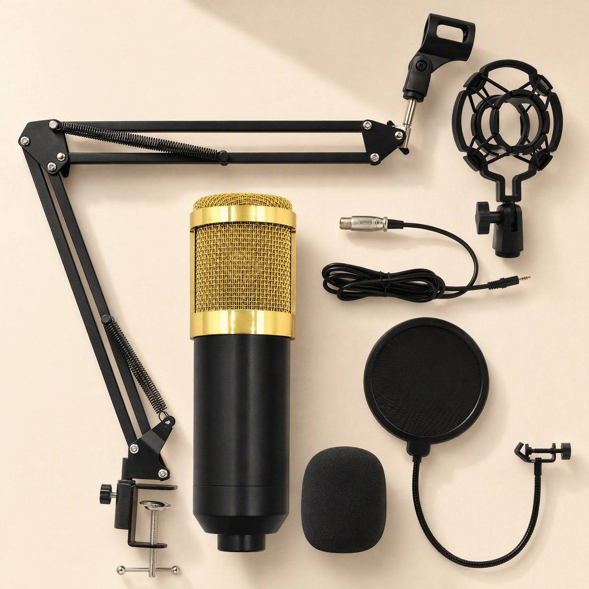 Voxblend – Overhead view of the gold-grille mic, boom arm, shock mount, XLR cable, pop filter and foam windscreen