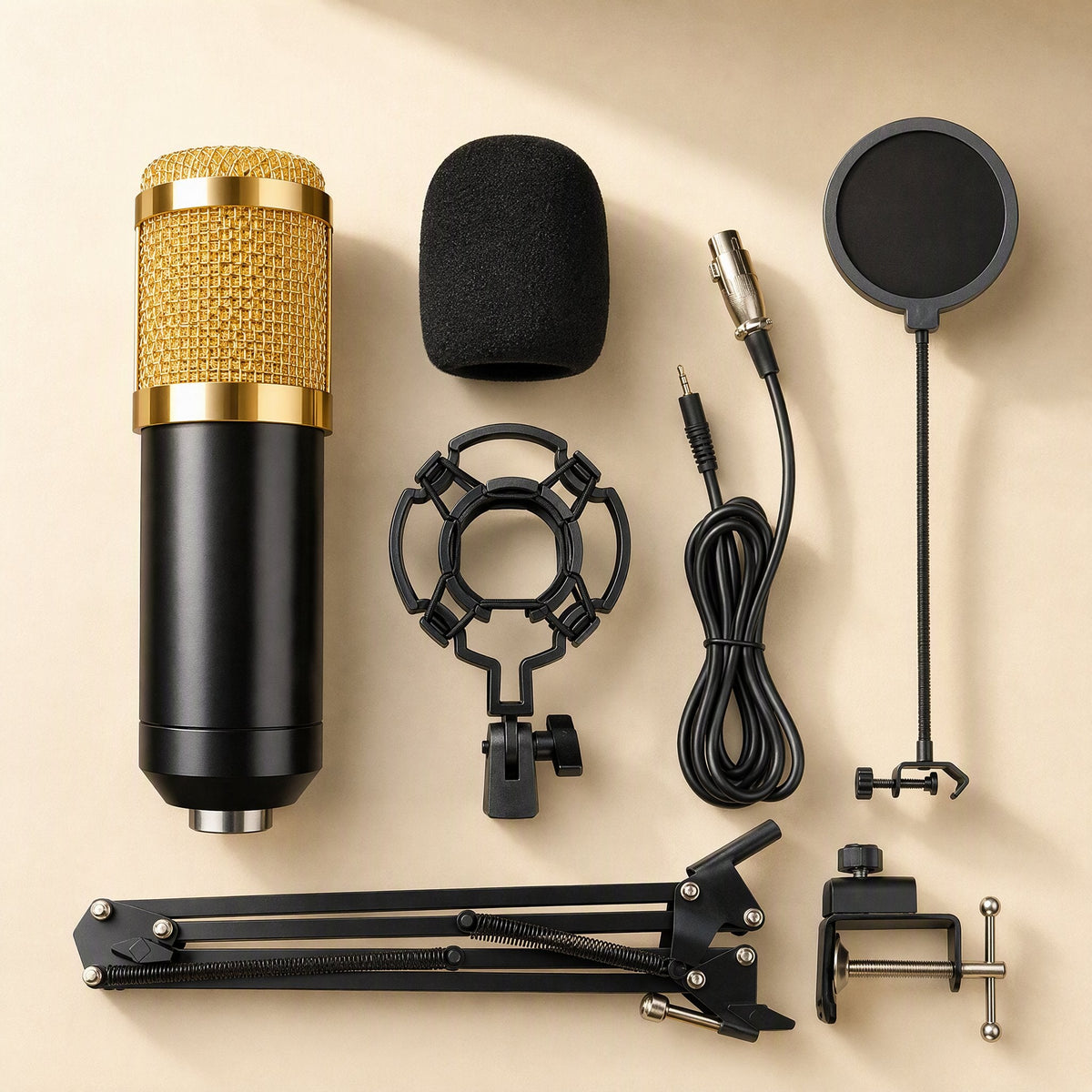 Soundloom – Gold and black condenser microphone with foam cover, shock mount, cable, pop filter, boom arm and desk clamp