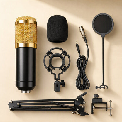 Soundloom – Gold and black condenser microphone with foam cover, shock mount, cable, pop filter, boom arm and desk clamp