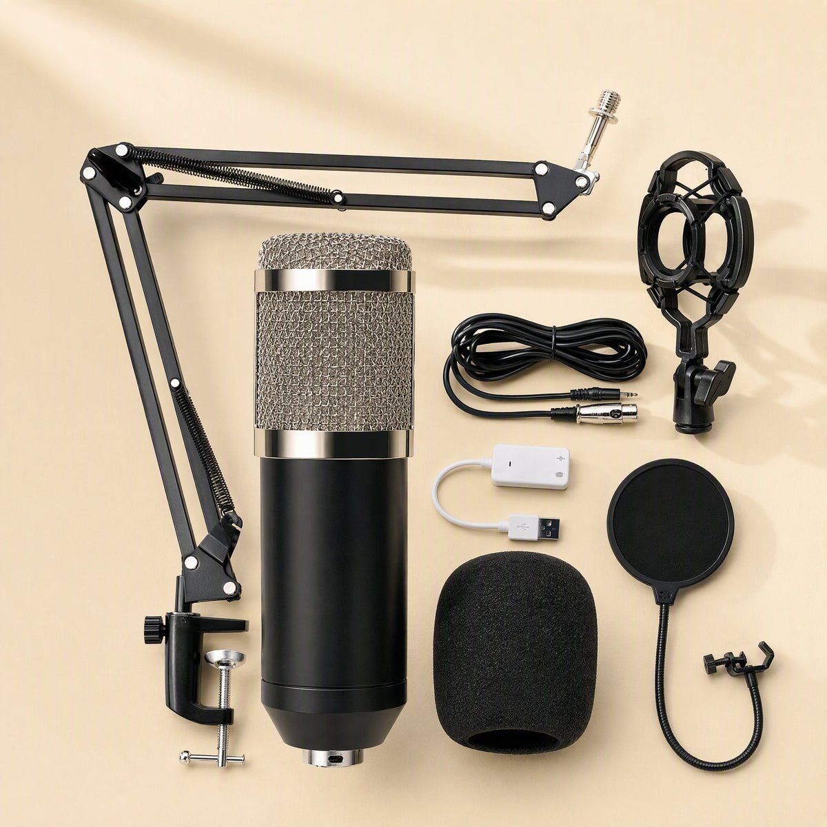 Soundloom – Silver mesh condenser microphone with boom arm, USB sound adapter, cable, shock mount and pop filter