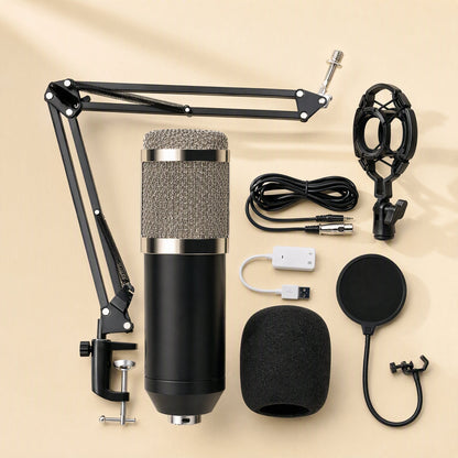 Soundloom – Silver mesh condenser microphone with boom arm, USB sound adapter, cable, shock mount and pop filter