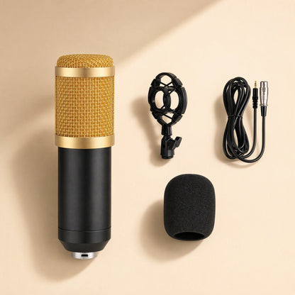 Soundloom – Gold-mesh condenser microphone with black body, shock mount, XLR cable and foam windscreen on beige