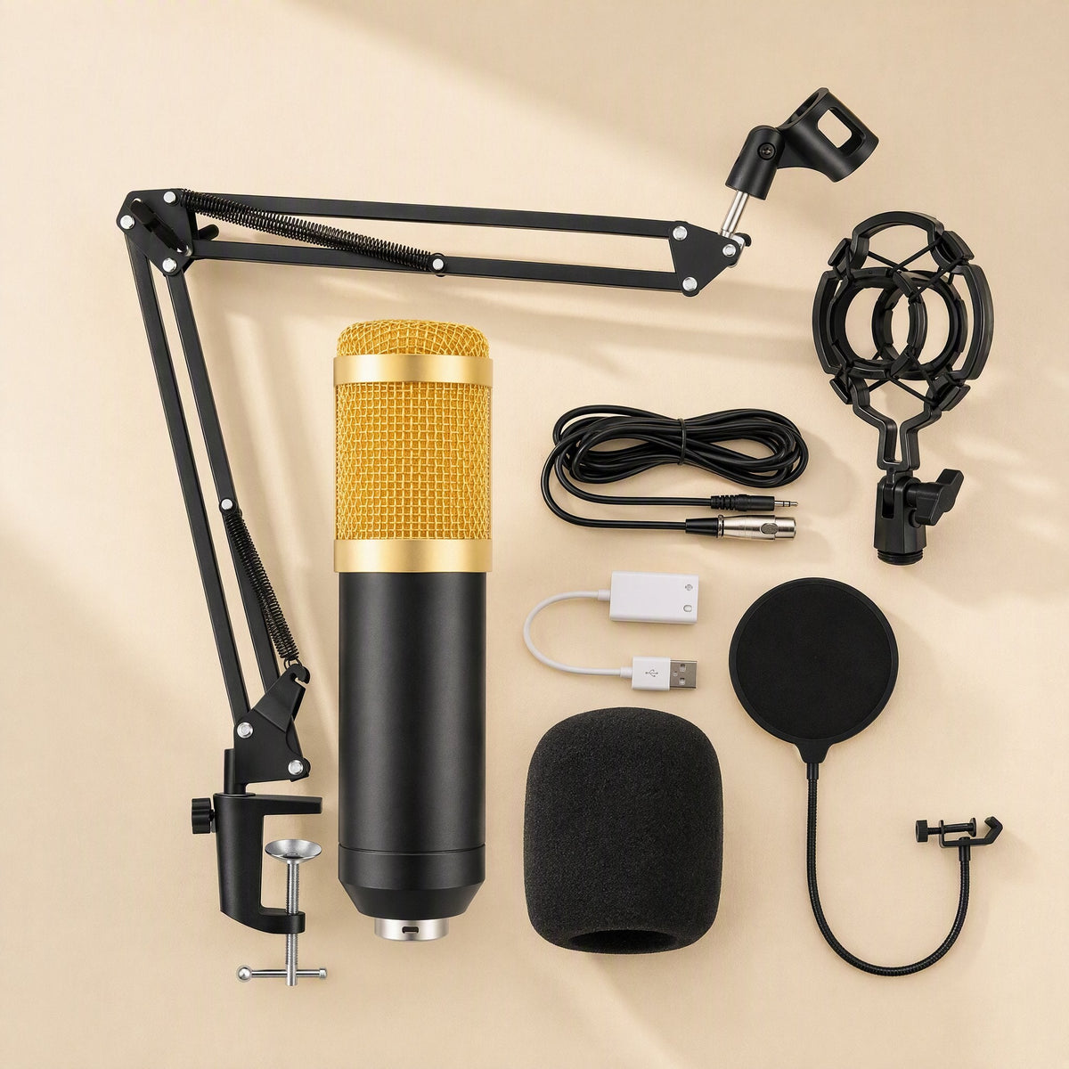 Soundloom – Gold condenser microphone set with boom arm, USB audio adapter, shock mount, cable and pop filter