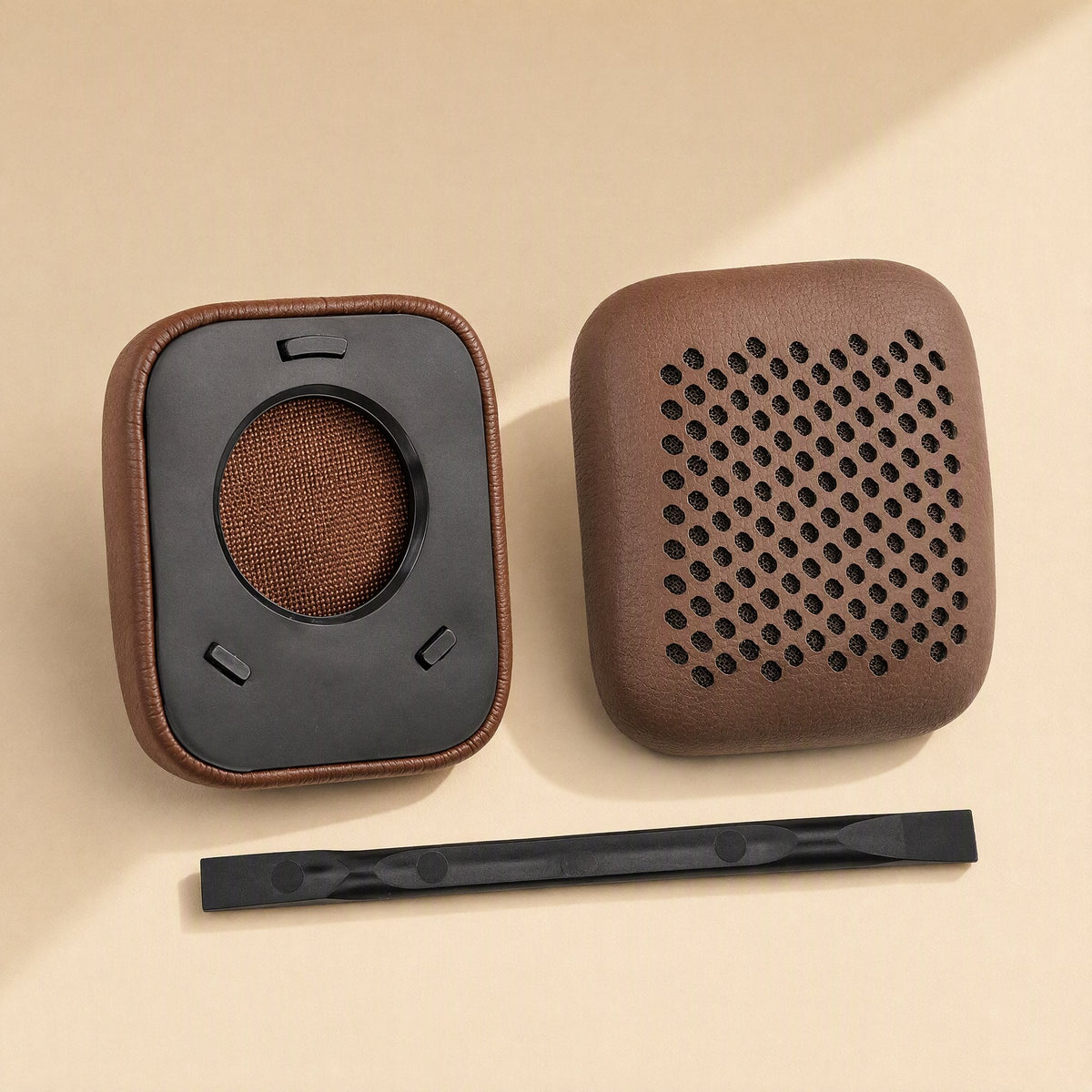 Earsoft Soho Headphone Ear Pad Covers in brown protein leather with perforated top, inner view and pry tool
