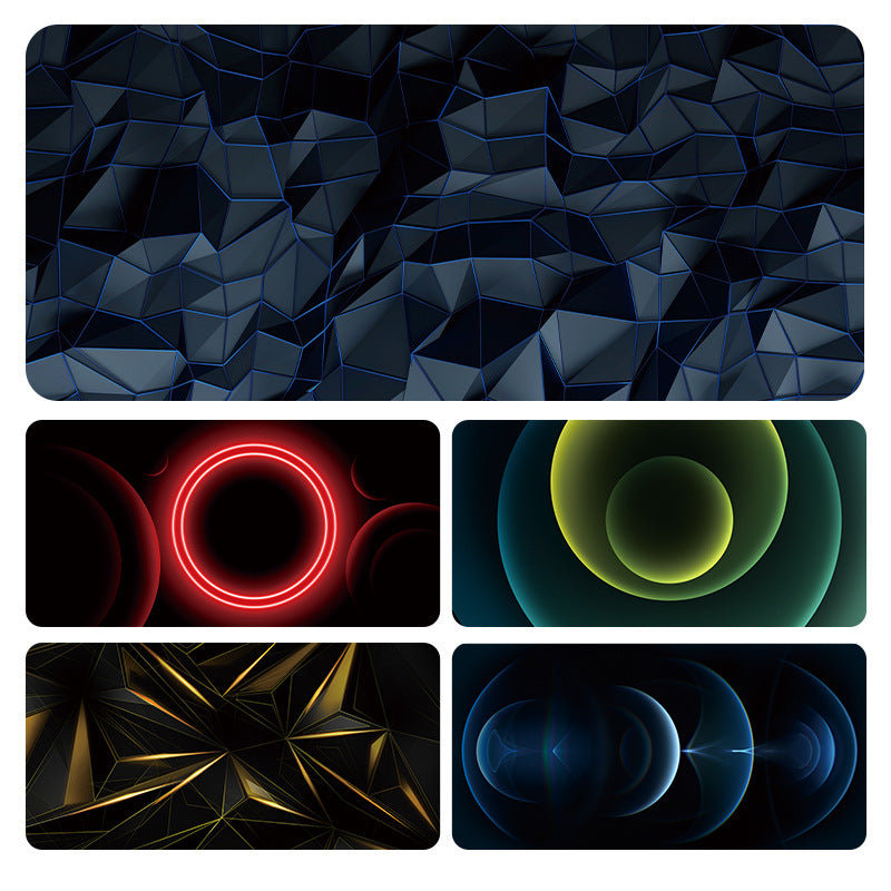 Cursorloom – Collage of five desk mat designs: blue geometric, red neon ring, green circles, gold facets, blue spheres