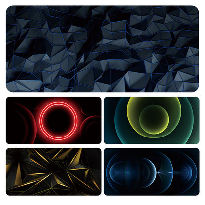 Cursorloom – Collage of five desk mat designs: blue geometric, red neon ring, green circles, gold facets, blue spheres