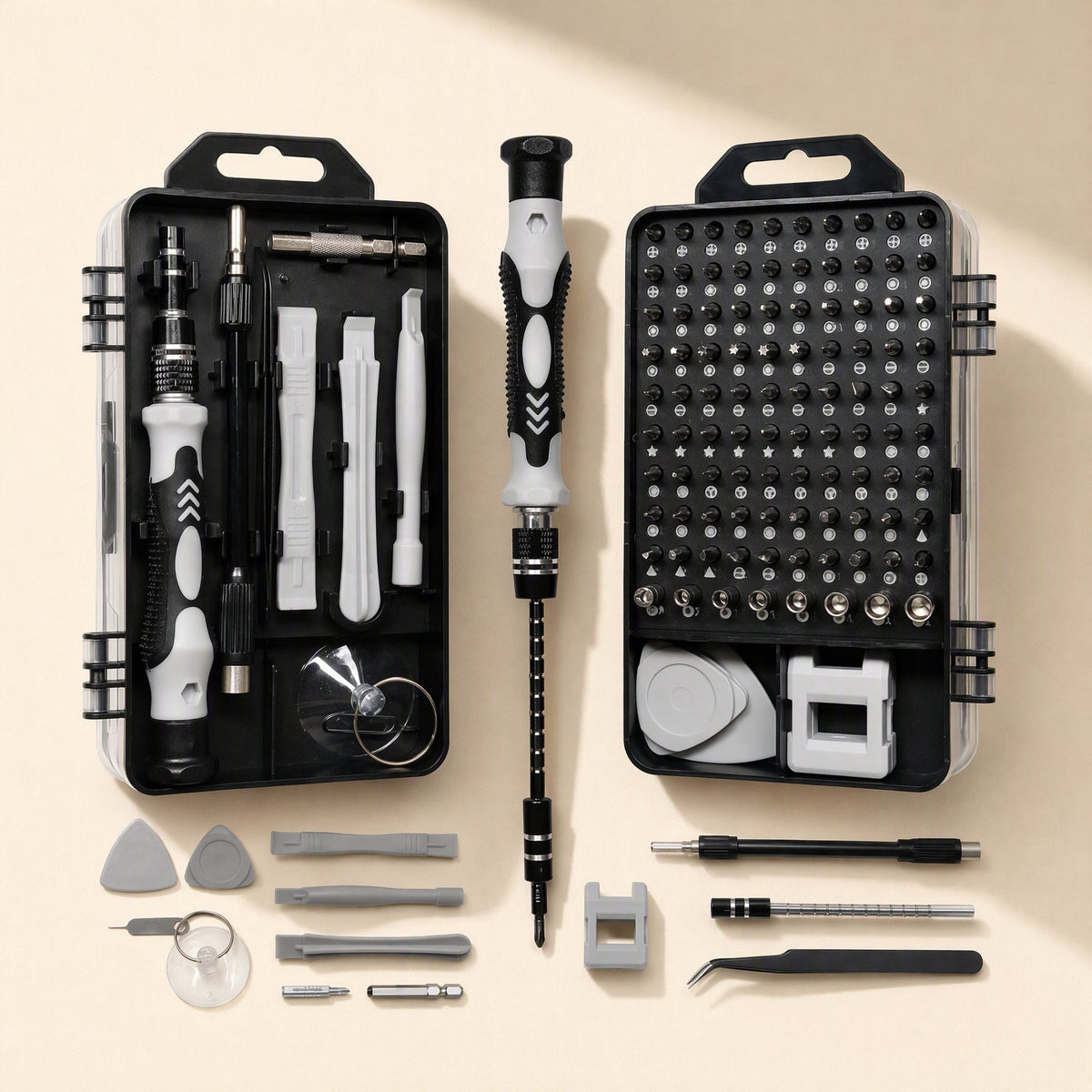 Bitnest – Open case with every piece laid out around it: handle, tweezers, picks, pry tools, SIM pin and extension rods