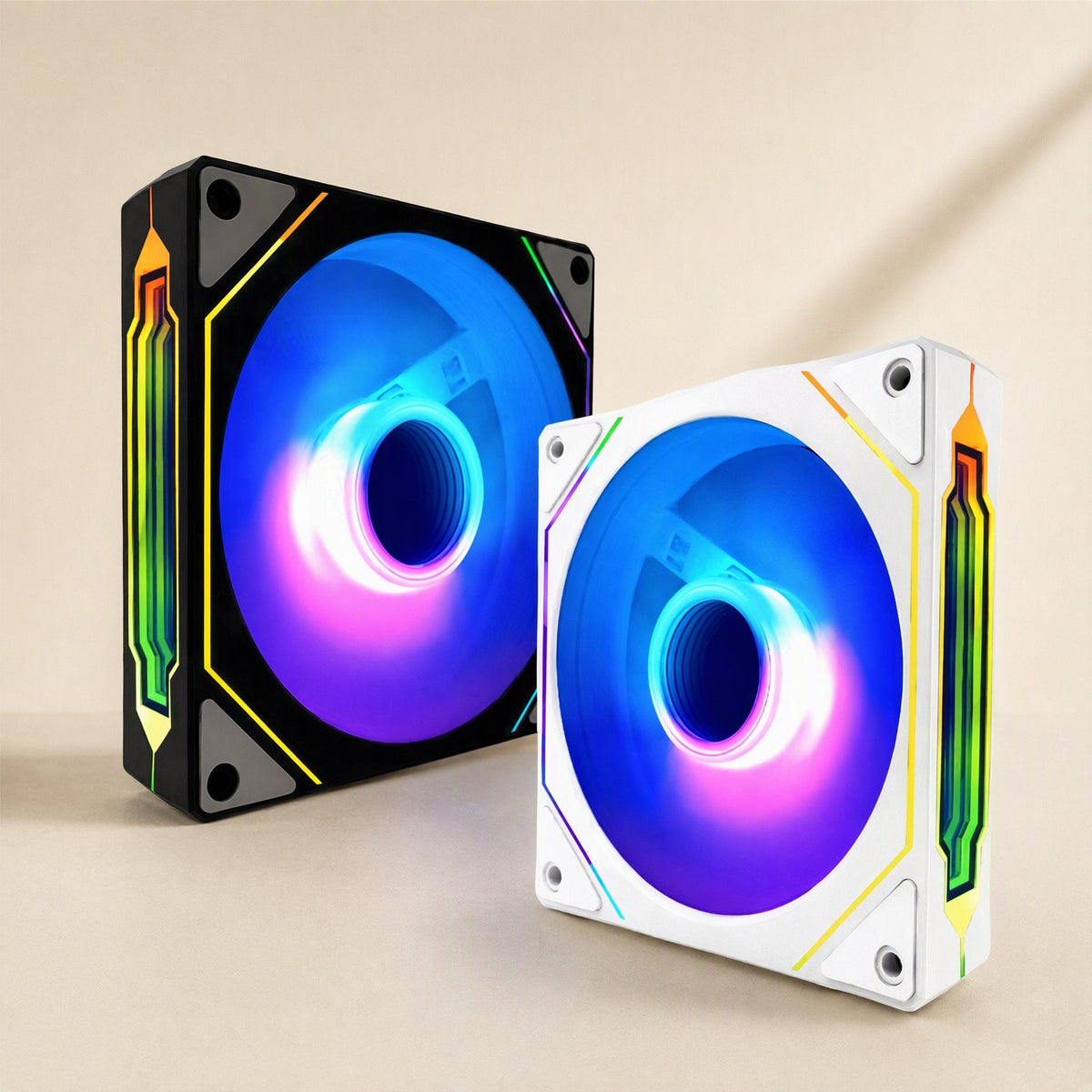 Rotorcool 120mm Hydraulic Bearing Case Fan in black and white, side by side with RGB lighting on a beige backdrop