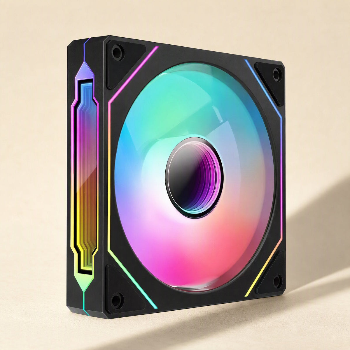 Rotorcool – Black fan angled to show the glowing RGB frame edge and rainbow-lit blade ring against a cream background