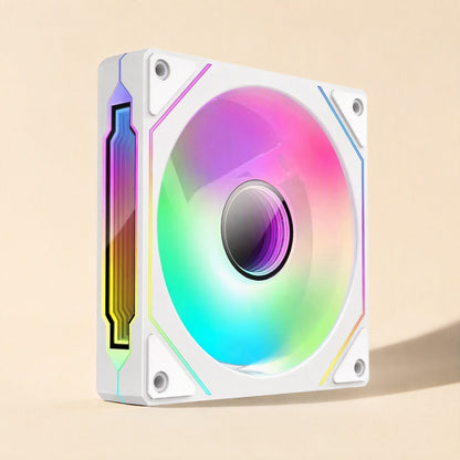 Rotorcool – White square-frame fan angled to show its RGB side strip and pastel rainbow lighting on a peach background