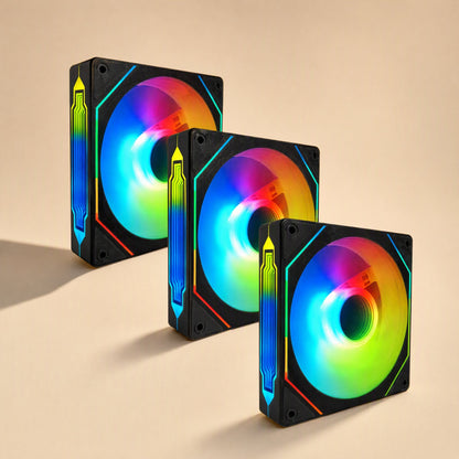 Rotorcool – Three black RGB case fans stacked in a staggered row with rainbow lighting and illuminated side strips