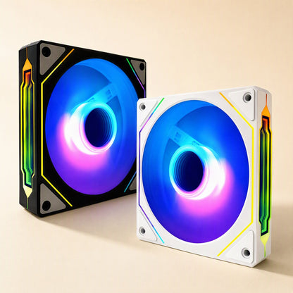 Rotorcool – Black and white RGB case fans front by front, with blue and pink glowing rings and yellow-trimmed frames