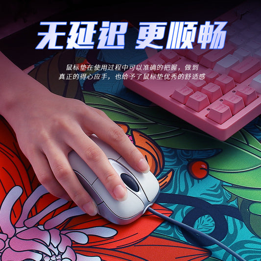 Aimgrain Esports Desk Mouse Pad – hand resting on a white mouse over a floral-print mouse pad beside a pink keyboard