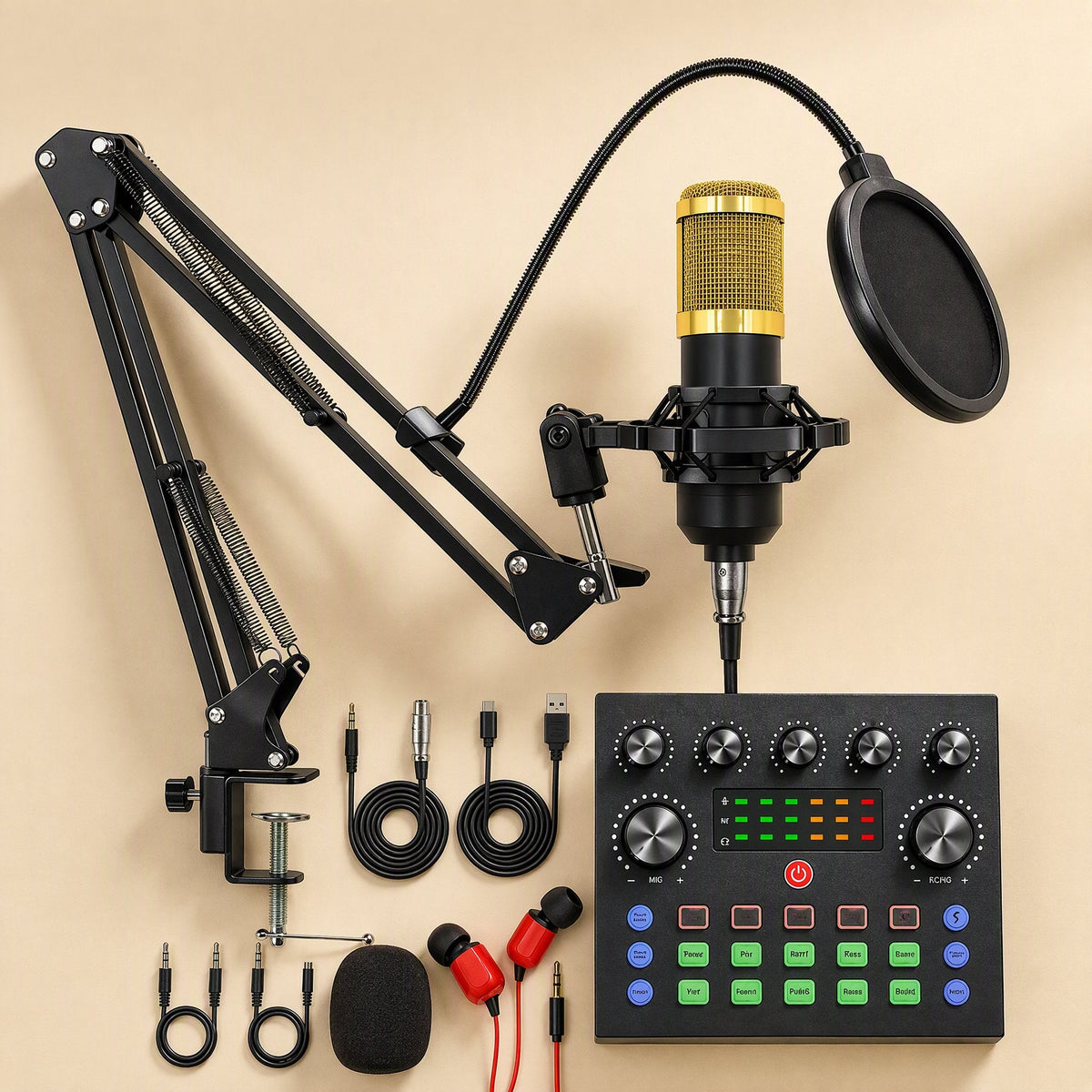Castvoice Live Broadcast Sound Card Equipment kit with gold condenser mic, boom arm, pop filter and cables