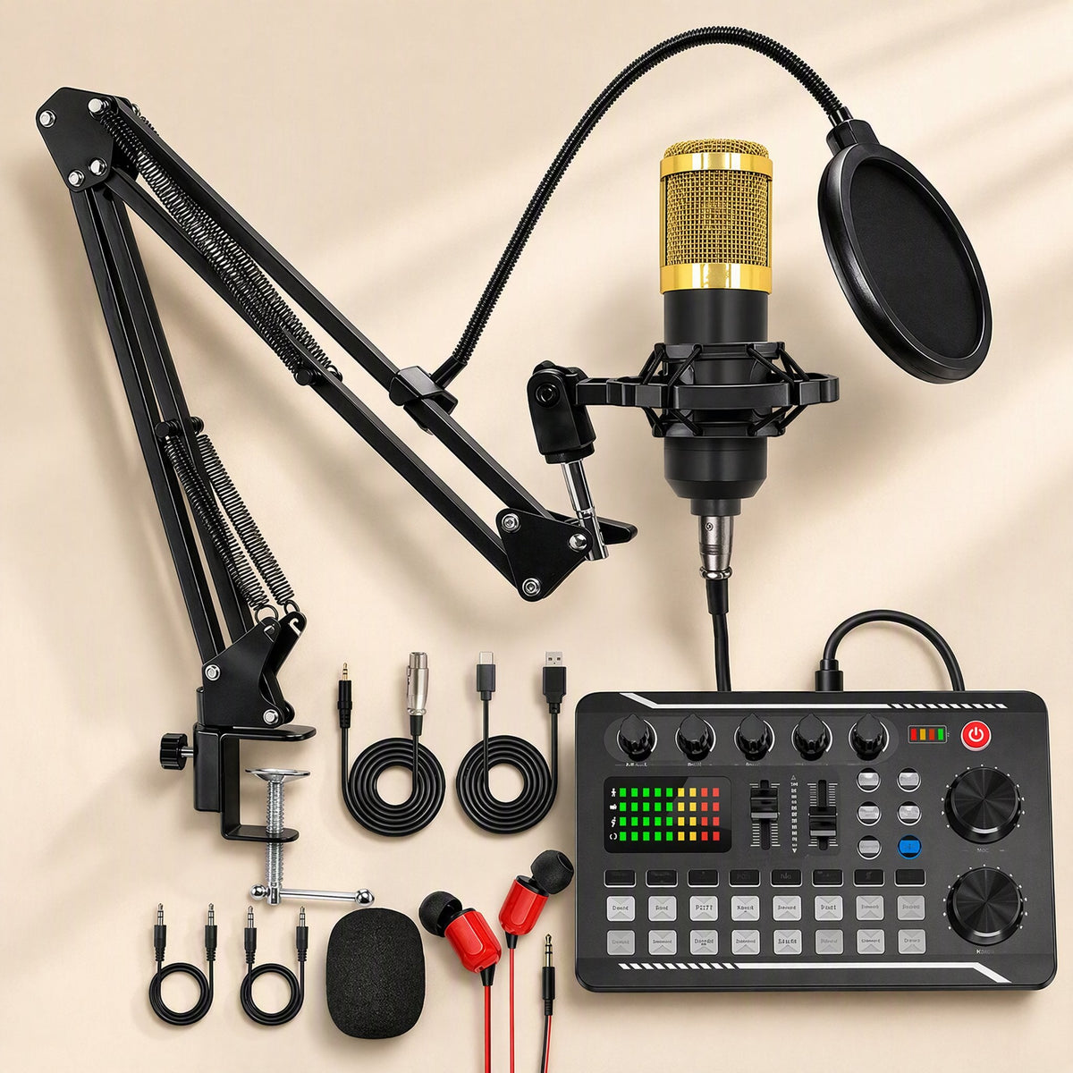 Castvoice – Flat lay of the sound card kit with gold mic, boom arm, mixer with faders, earphones and cables