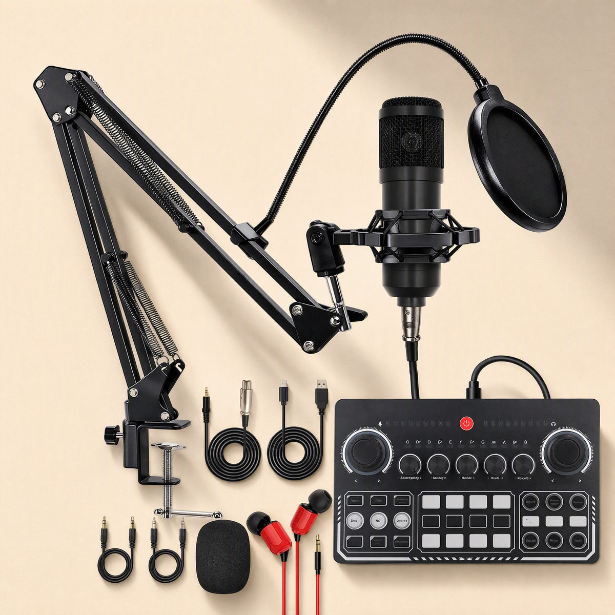 Castvoice – Black condenser mic on boom arm with pop filter beside a sound card with pads, knobs and earphones