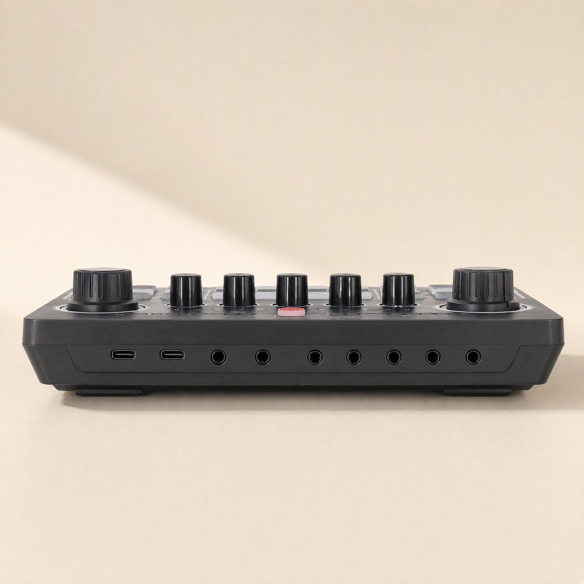 Castvoice – Front edge of the sound card showing two USB-C ports, six audio jacks and large knobs