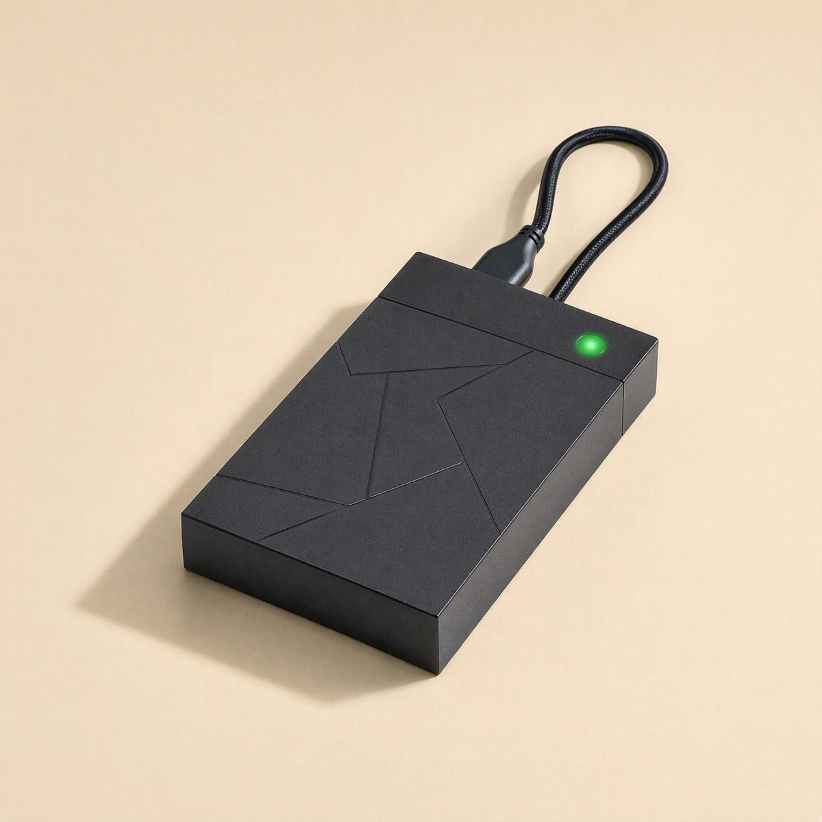 Diskshield – Black enclosure with a green LED lit and a braided cable looping from the top edge, on a cream surface